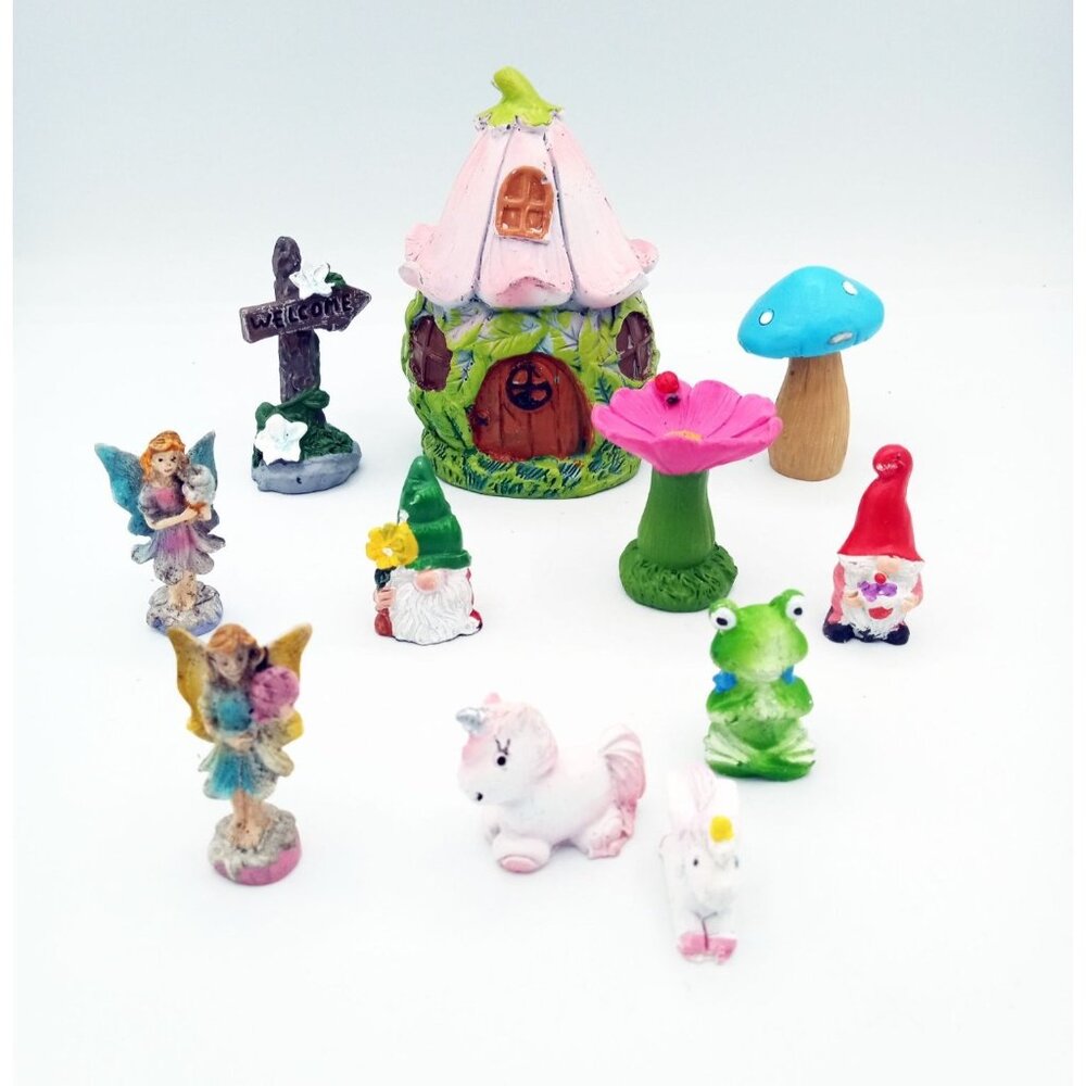 Fairy Garden Gnome 11 Piece Set Unicorns Frog Fairies Blue Mushroom Welcome Sign